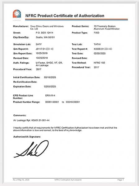 NFRC 北美标准认证